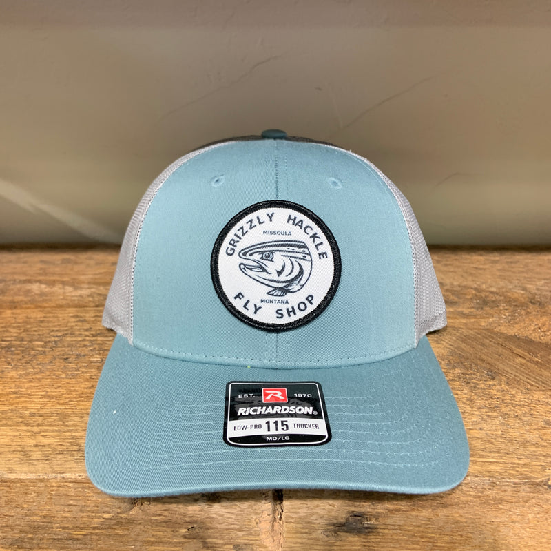 Grizzly Hackle Circle Fish Logo Low Pro Trucker Hat Smoke Blue