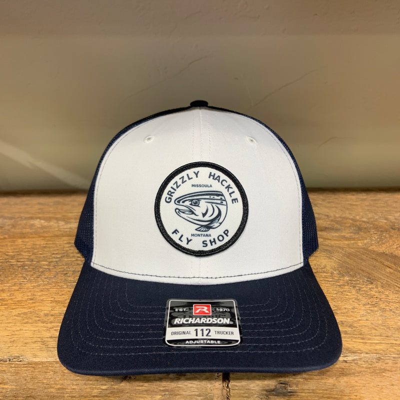 Grizzly Hackle Circle Fish Logo Trucker Hat Navy
