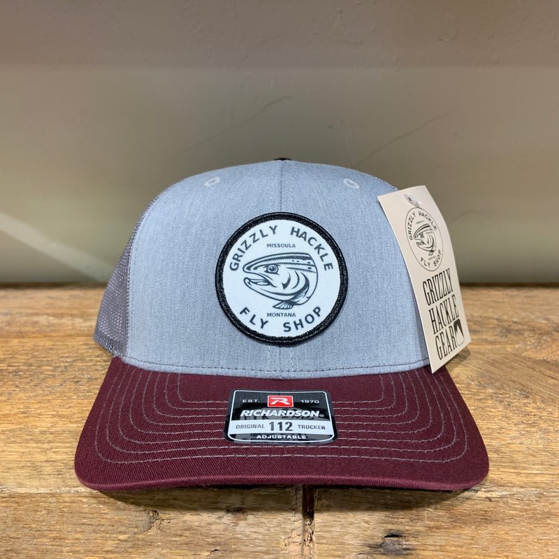Grizzly Hackle Circle Fish Logo Trucker Hat Marroon/Silver