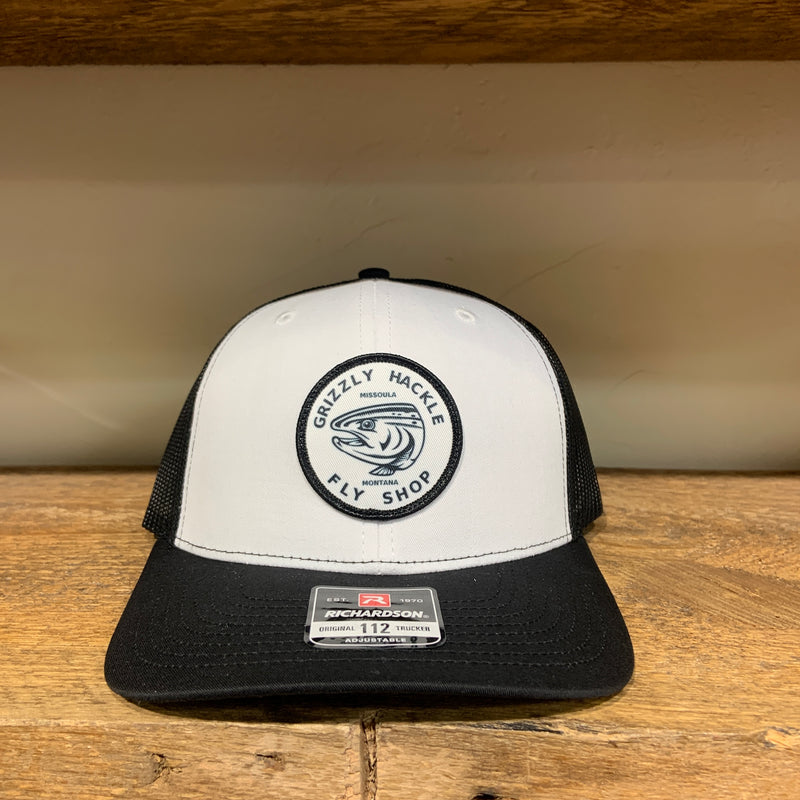 Grizzly Hackle Circle Fish Logo Trucker Hat White/Navy